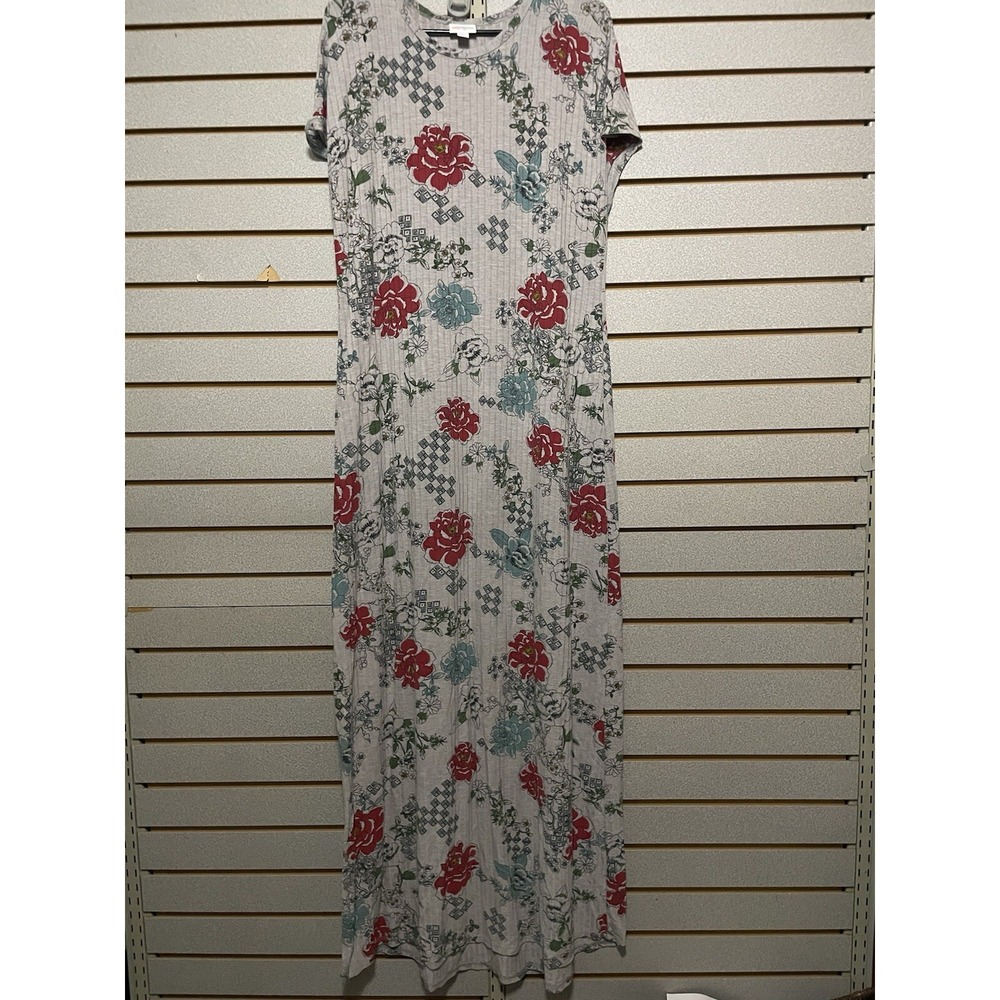 LuLaRoe Maria Maxi Dress Grey Floral Cap Sleeve Stretch Ribbed Knit USA Size M